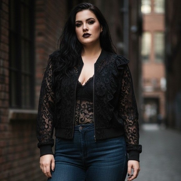 torrid Jackets & Blazers - Torrid NWT Lace Ruffle Cropped Bomber Jacket Size 1X Romantic Black Sheer Zip Up